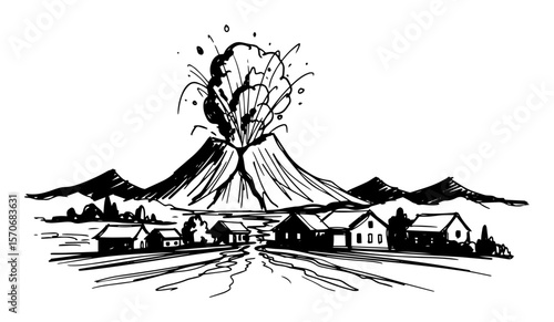 black and white vector sketch volcano erupting near village
