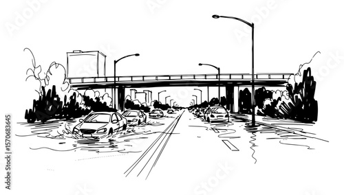 black and white vector sketch flooded highway with stranded cars
