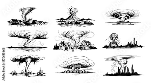 set of black and white vector sketches various natural disasters