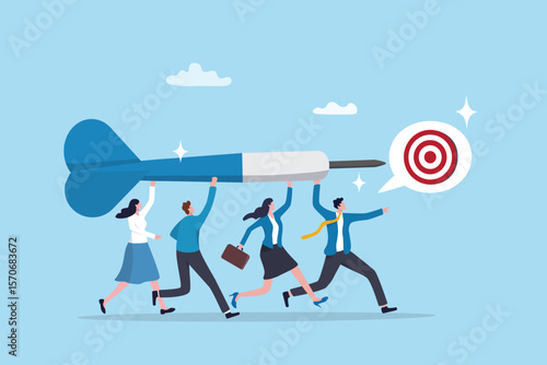 Purpose, project goal or target, team motivation to reach objective, company mission or direction, ambition to success, inspiration or aiming, business people with dart running to target or purpose.