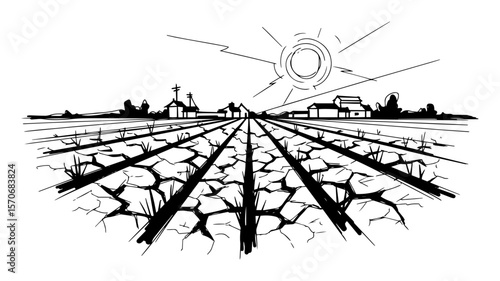 drought cracked farmland under scorching sun black and white vector sketch