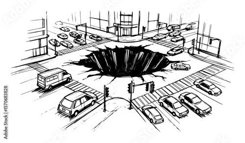 urban sinkhole swallowing cars black and white vector sketch