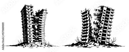 ruined high rise towers after earthquake black and white vector sketch