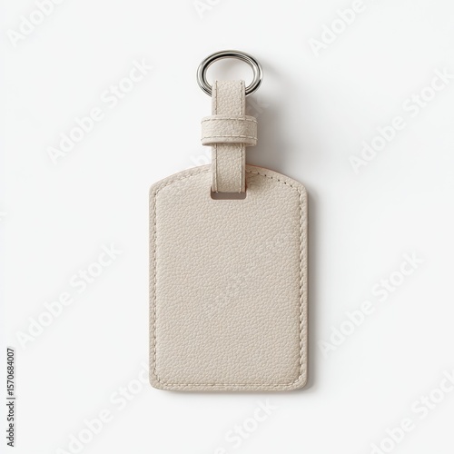 A minimalist off-white leather luggage tag with a silver keyring, shown against a bright white background.  The tag is rectangular with subtly rounded corners