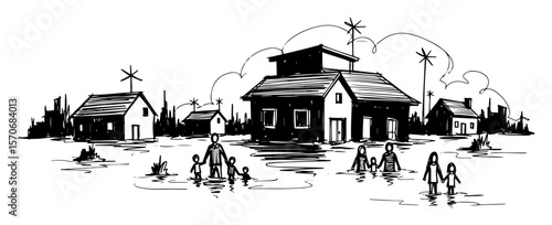 flooded residential area with people wading black and white vector sketch