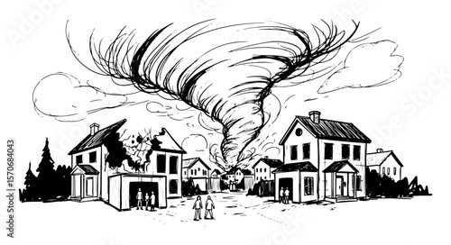 tornado ripping through suburban neighborhood black and white vector sketch