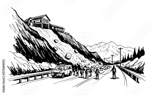mountain landslide blocking highway black and white vector sketch