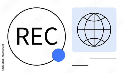 Circular REC text paired with a grid-styled globe indicating global streaming, live broadcast, or media capture. Ideal for media, technology, communication, content creation, online networking