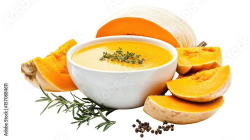 Creamy Butternut Squash Soup Served In A Bowl With Fresh Herb Garnish And Sliced Pumpkin