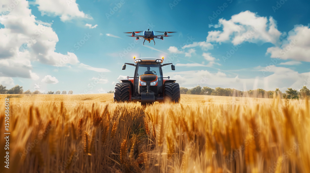 Fototapeta premium Automated Farming with Drone and Farm Vehicle