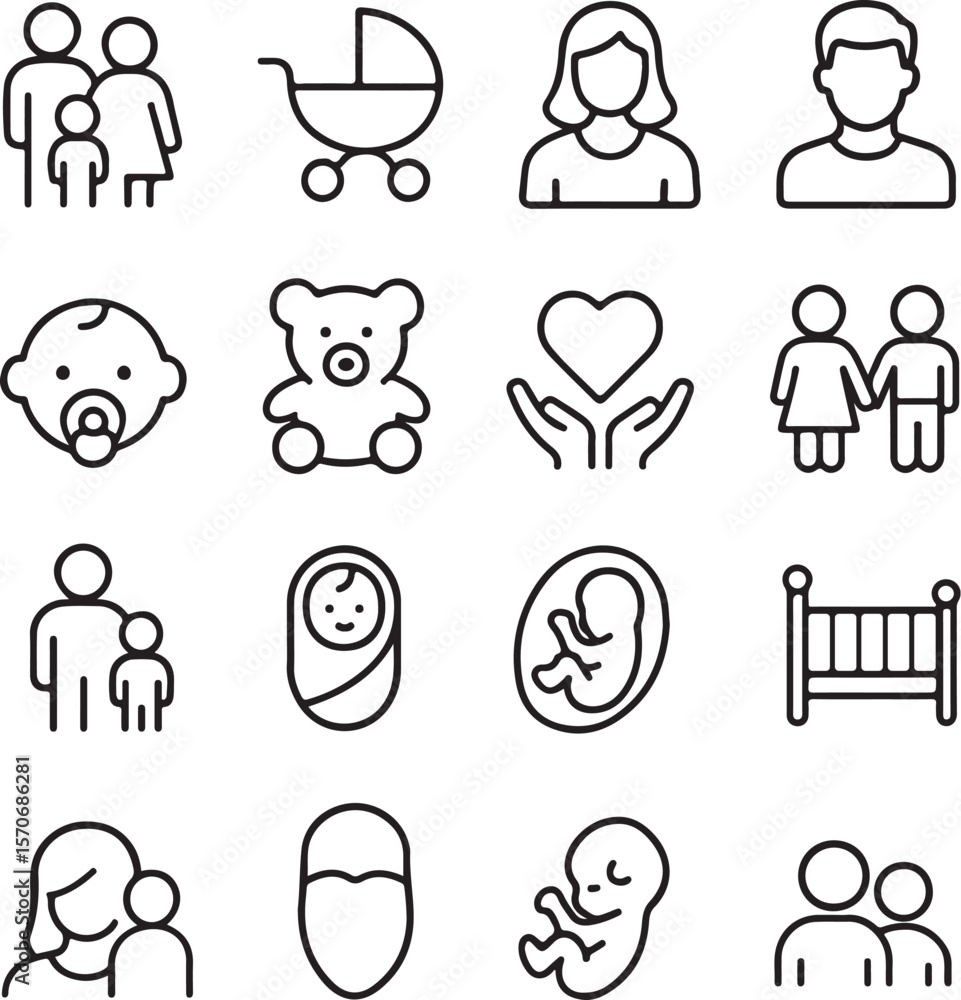 Fototapeta premium Family & Parenting Journey: Essential Icons for Love, Care, and Growth.
