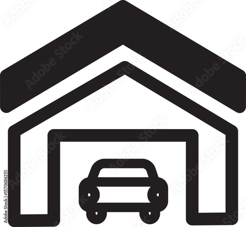 Simple and modern garage icon in black and white, perfect for illustrating residential buildings, parking spaces, home garages, or real estate concepts. This minimal design is ideal for UI/UX, web, mo