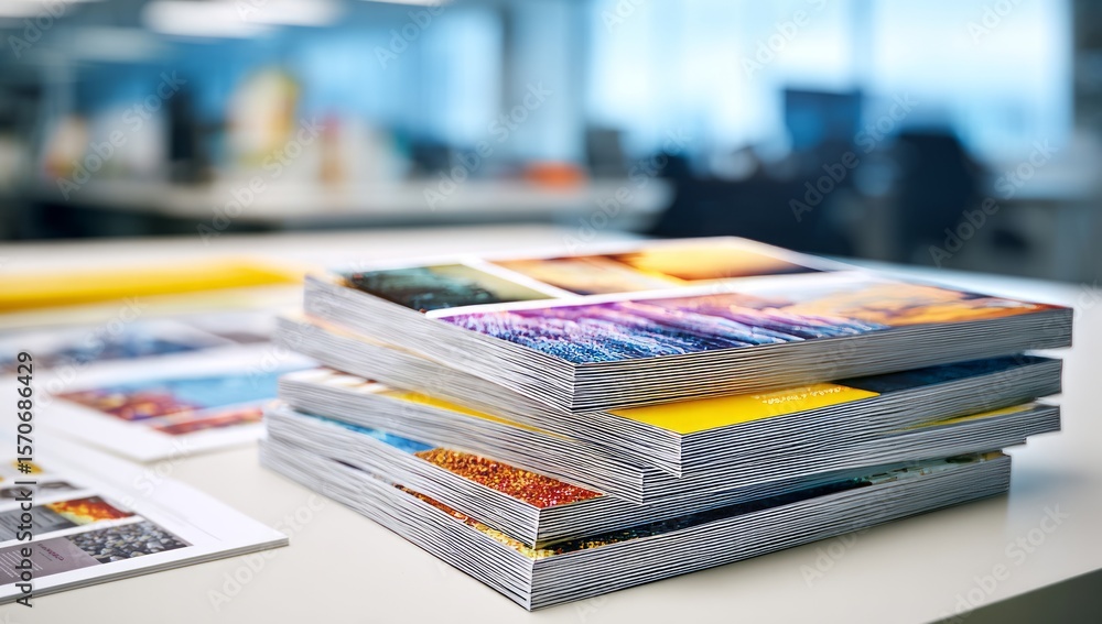 Stacked catalogs on a table, showcasing vibrant print materials for marketing. Stacked catalogs on a table, showcasing vibrant print materials for marketing.