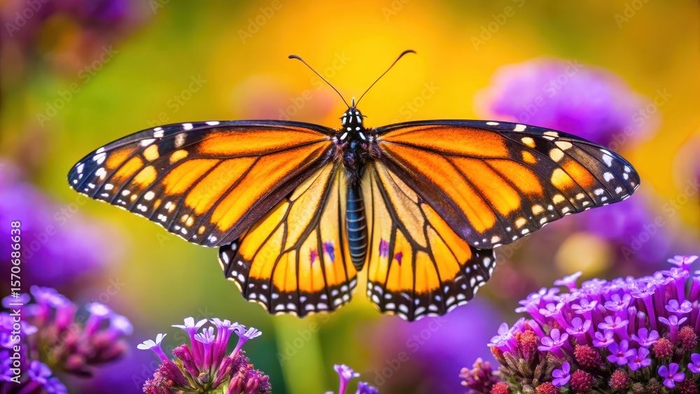 Obraz premium Delicate monarch butterfly perched on a vibrant purple flower with yellow and black stripes, showcasing its distinctive wingspan , beauty, monarch butterfly