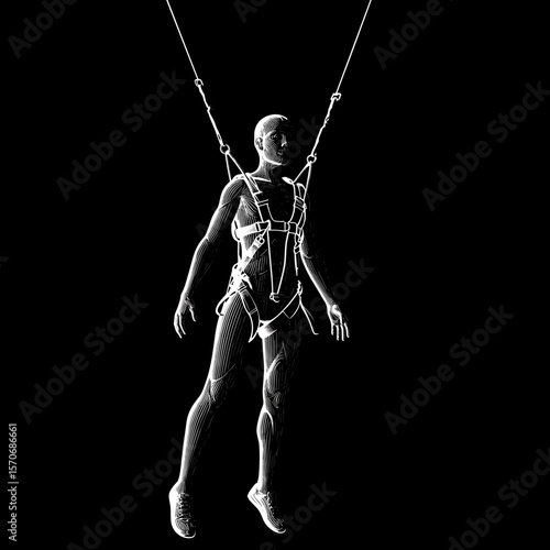 Person in support harness, suspended in black background  
