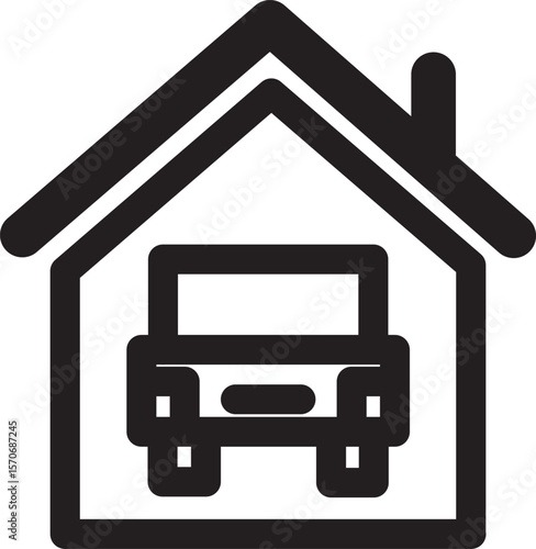 Simple and modern garage icon in black and white, perfect for illustrating residential buildings, parking spaces, home garages, or real estate concepts. This minimal design is ideal for UI/UX, web, mo