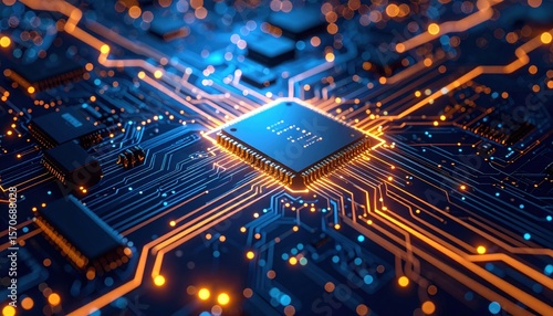 Advanced Circuit Board With Glowing Cpu