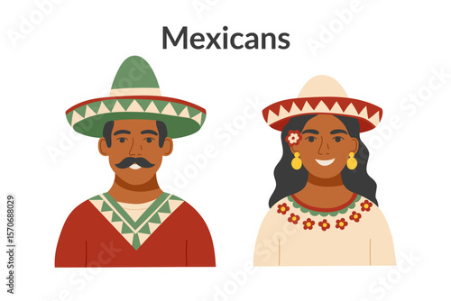 Mexican ethnicity people isolated on a white background. Man and woman. Vector flat cliparts.
