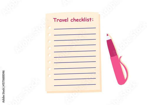 A travel checklist and a pen isolated on white background. Concept of wishes, travel destinations, dreams. Vector flat clipart.	

