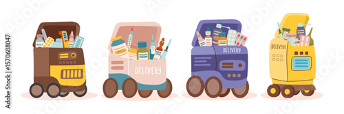 Set of delivery robots isolated on white background. Medicine delivery, technology, robotics, innovation, healthcare concepts. Vector flat hand drawn cliparts.