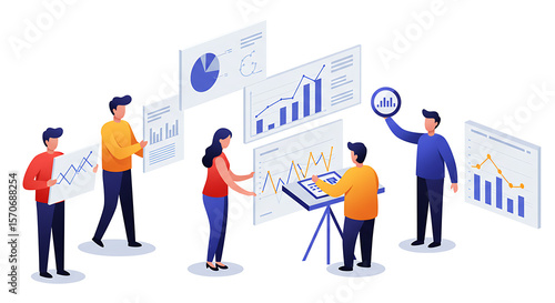 Business team analyzing data charts and graphs in digital presentation