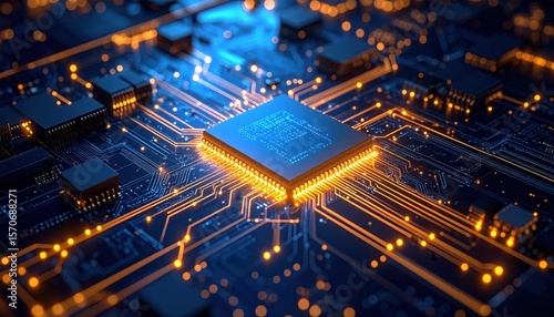 Closeup View Of Glowing Circuit Board With Central Processor