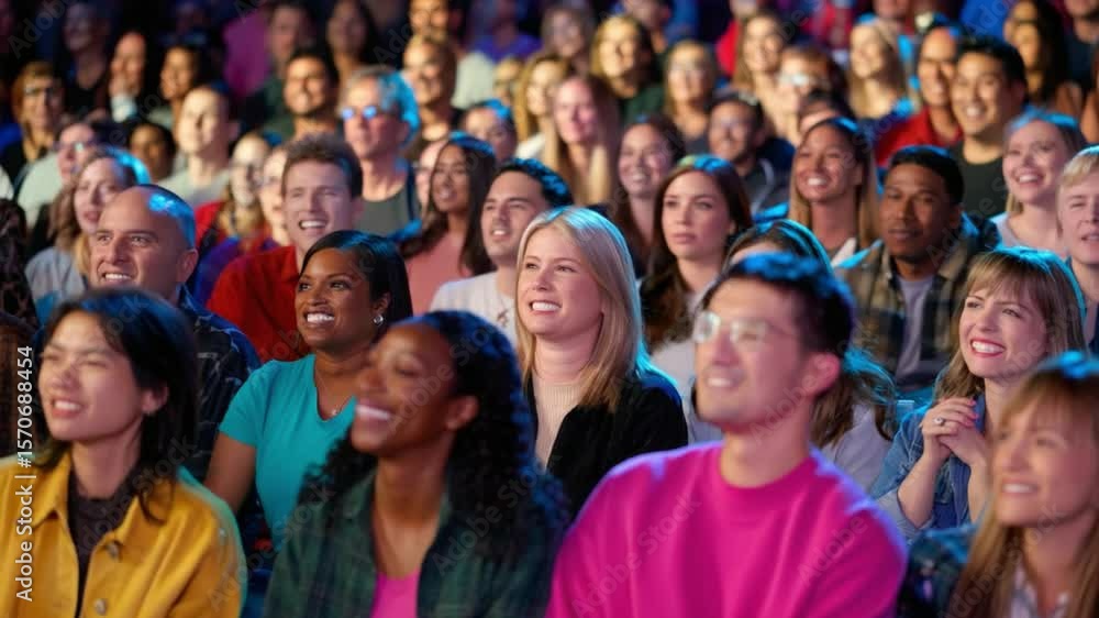 Enthralled Audience: A diverse crowd is captivated by an unseen spectacle. Their faces reflect joy, wonder, and pure enjoyment. A photorealistic tableau of human connection and shared experience. Enthralled Audience: A diverse crowd is captivated by an unseen spectacle. Their faces reflect joy, wonder, and pure enjoyment. A photorealistic tableau of human connection and shared experience.