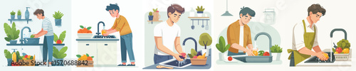 vector of young man washing fruit