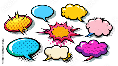 Collection of empty comic speech bubbles with halftone shadows. Hand drawn retro cartoon stickers. Pop art style. Vector illustration. White background