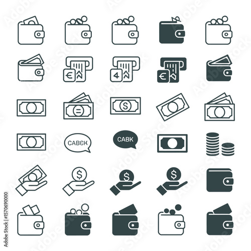 Collection of Thirty Dark Gray and White Wallet Cash Coin Dollar Euro Banknote Payment A T M Icons on White Background Simple Line Art Style Finance Money Symbols