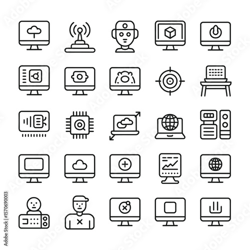 Collection of thirty computer technology icons depicting cloud computing data processing network security programming user interface design and more displayed in a grid format using a