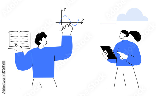 Two individuals engaging in knowledge-sharing activities. One draws a graph while holding an open book, the other analyzes data on a tablet. Ideal for education, teamwork, analytics, research