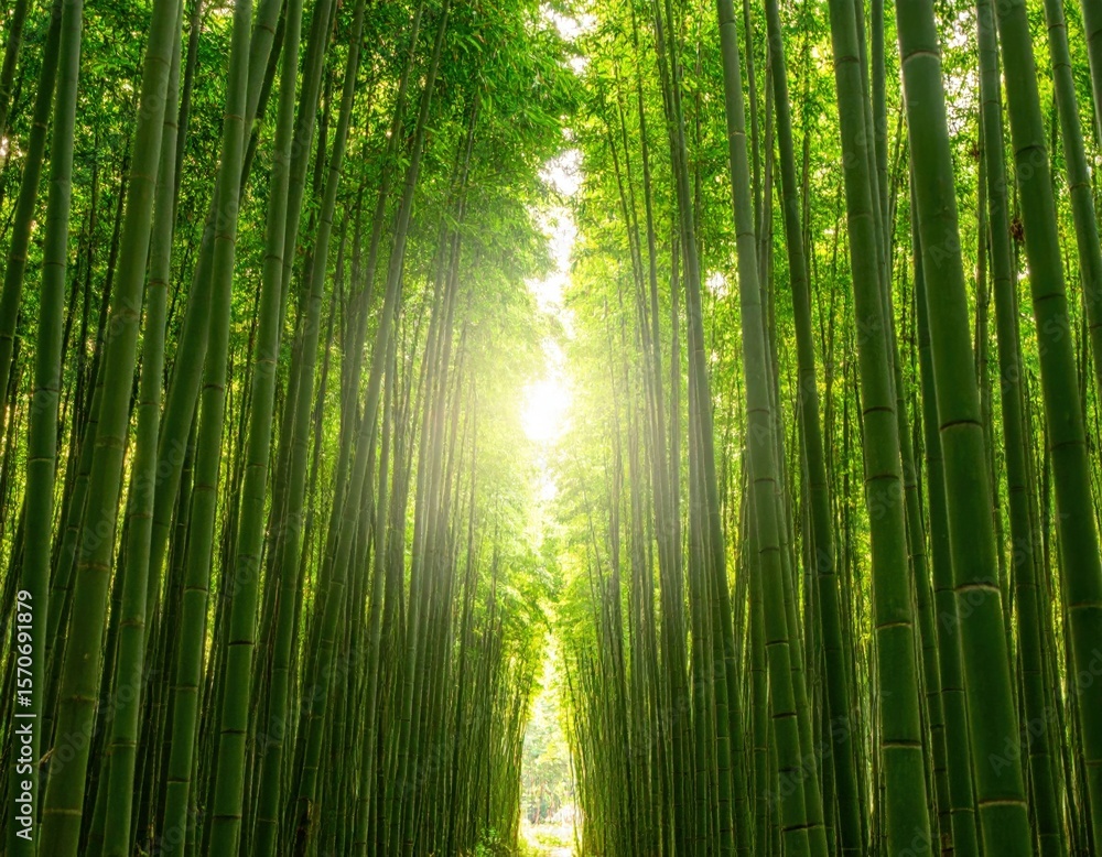 Fototapeta premium Sunlight Path Through Dense Bamboo Forest