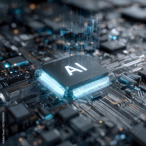 Futuristic AI Processor with Digital Data Visualization Hologram Generating AI