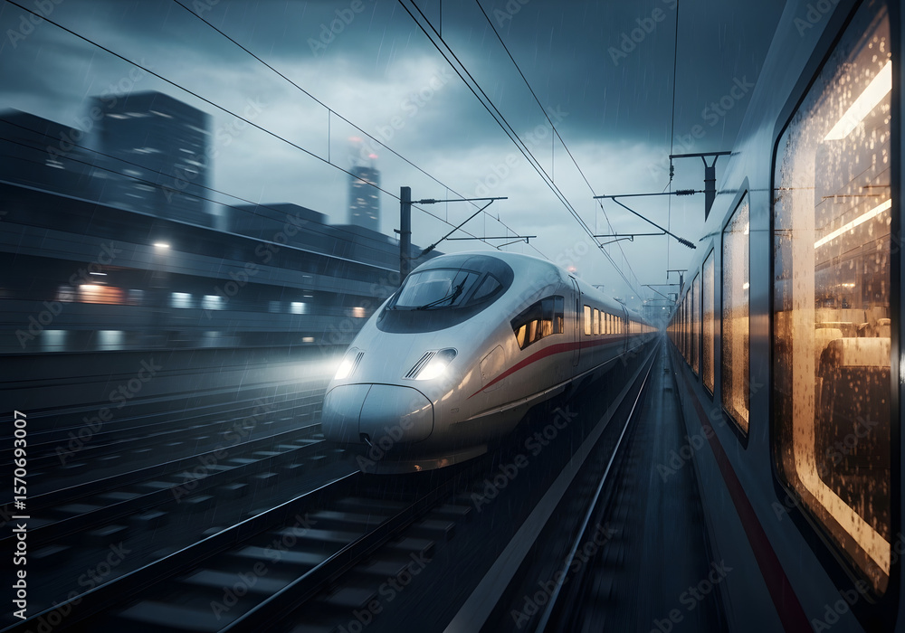 Naklejka premium High-speed train moving through stormy cityscape lit by industrial lights.