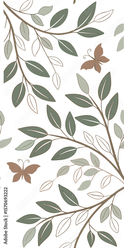 Fototapeta premium Seamless pattern with green leaves and brown branches, butterflies, on a white background, nature-inspired