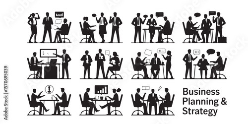 Black and white silhouette illustrations of business planning and strategy meetings in various scenarios