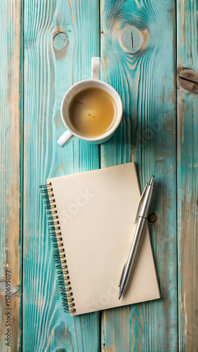 Coffee Break Inspiration Blank Notebook and Pen on Rustic Wooden Table