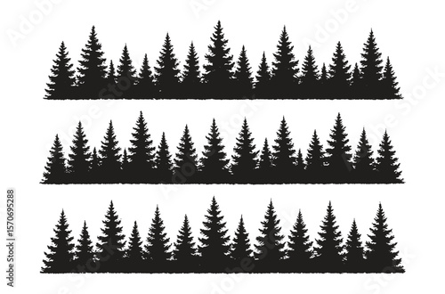 Three rows of pine tree silhouettes in solid black, ideal for borders, nature badges, rustic logos, or outdoor-themed designs.
