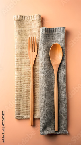 Elegant Wooden Spoon and Fork on Linen Napkins Rustic Table Setting