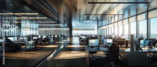 Empty blur shot stock market trading office floor in door building investment business chart economy exchange banking growth information screen desk diagram and computer.
