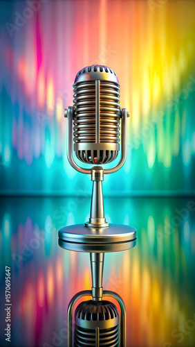 Vintage Microphone on Colorful Stage Retro Audio Recording Concept
