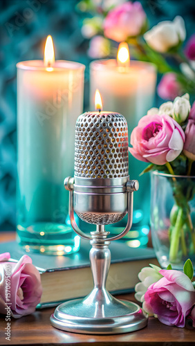 Serene Moments Candles, Microphone, and Flowers Still Life