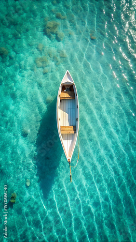 Serene White Rowboat on Crystal Clear Turquoise Water An Aerial View
