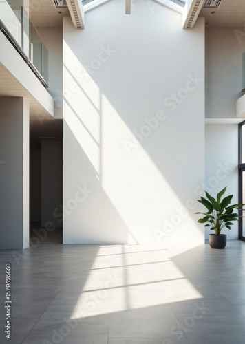 A 3d rendering of a stylish sunlit office with a blank white backlit wall and a green plant on a concrete floor providing a perfect place for advertising poster placement Empty room interior design