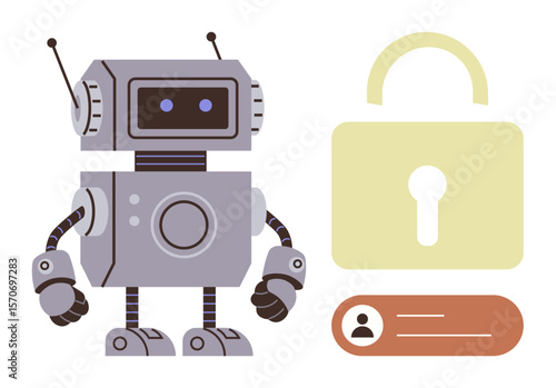 Friendly robot beside a padlock and user credential interface, emphasizing cybersecurity and secure data handling. Ideal for AI, privacy, protection, technology, encryption, automation, digital