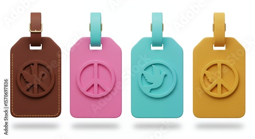 Four colorful luggage tags with symbols