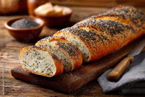 Sliced poppy seed baguette on a wooden board next to a knife and grey cloth