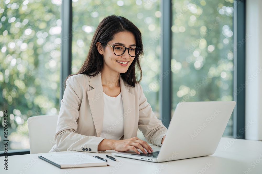 Young woman with glasses working on a laptop office Young woman with glasses working on a laptop office