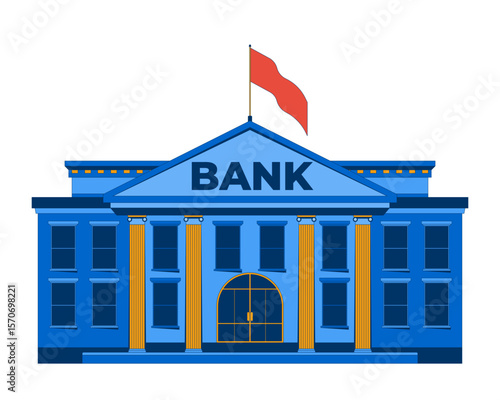 Classic bank building with red flag fluttering 2D cartoon object. Financial institution with columns. Banking government facility isolated element flat vector clip art on white. Spot illustration